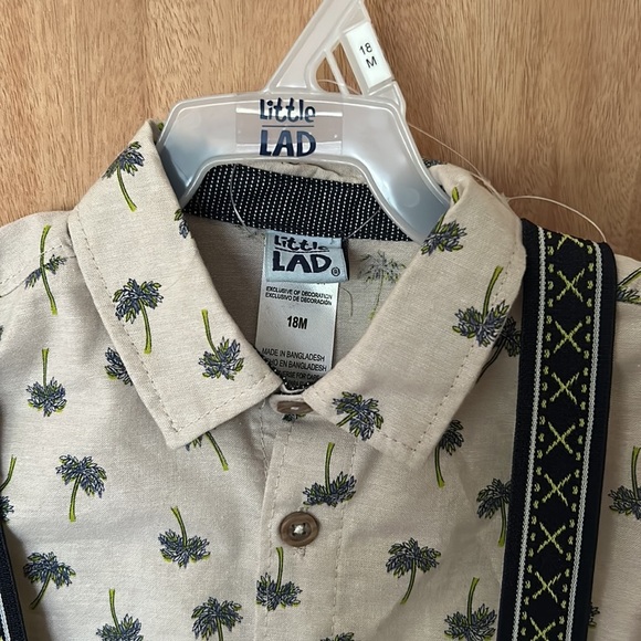 Little Lad Palm Trees and Suspenders Three Piece Set 18mo with denim shorts - Picture 2 of 5